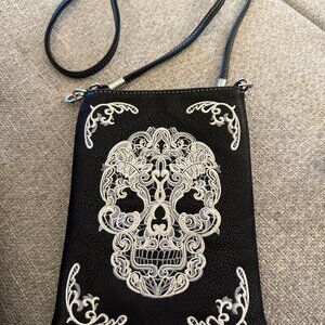NWOT:Sugar Skull Black Cross-Body Bag; Cream & Grey Embroidery; Detachable Strap
